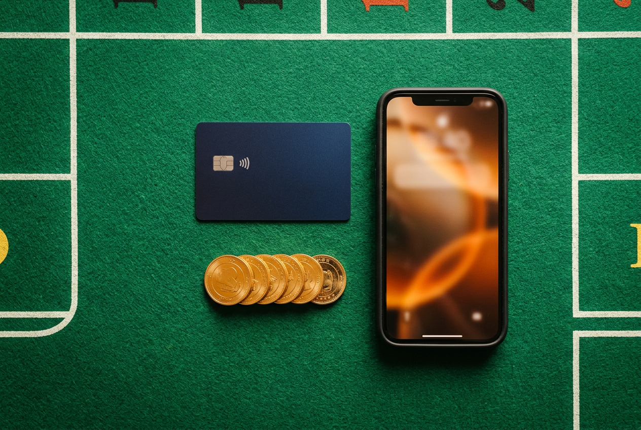 Stylové uspořádání platební karty a mincí vedle chytrého telefonu